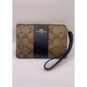Women's Coach Corner Zip Wristlet In Signature Canvas Khaki Navy‎